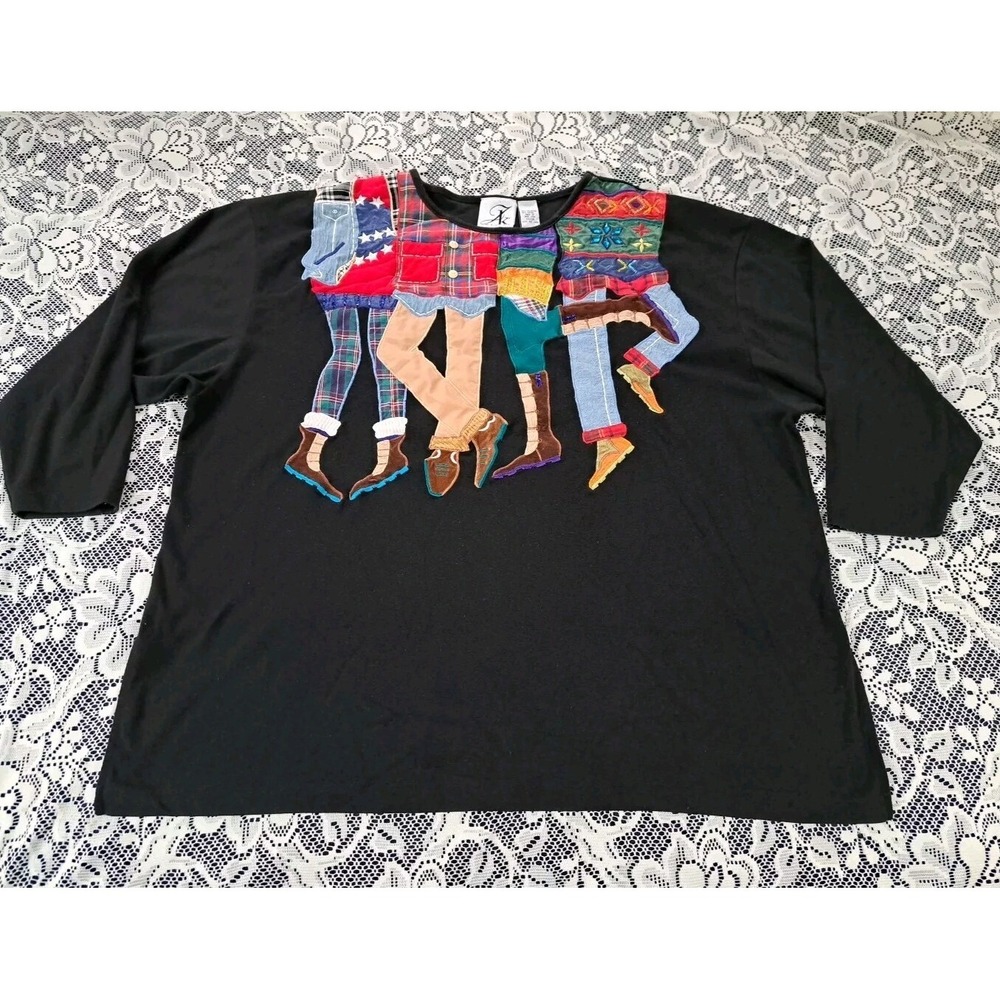 Women's Embroidered‎ Top Size 22/24 Black Novelty Beaded 3/4 Sleeve JK America